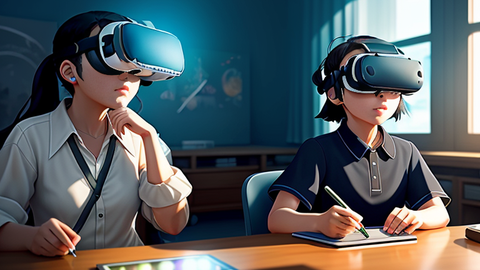 2 Kindern mit VR-Brillen vorm Gesicht in einem Klassenraum