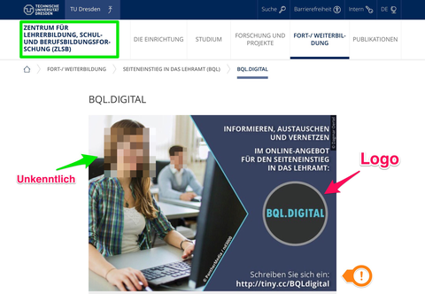 Das Bild zeigt einen Ausschnitt der BQL.Digital Webseite. Mithilfe von Skitch wurden Annotationen vorgenommen: der Text "ZENTRUM FÜR LEHRERBILDUNG, SCHUL- UND BERUFSBILDUNGS­FORSCHUNG (ZLSB)" oben links ist grün umrandet, in einem Bild eingefügten Bild.