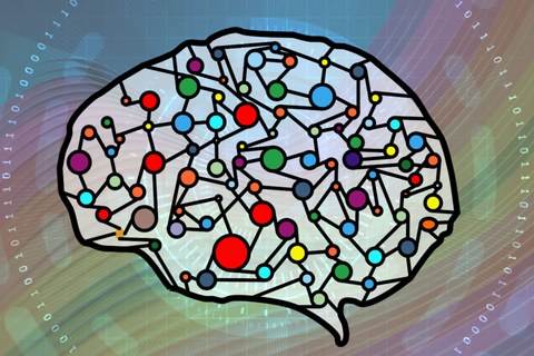 Ein stilisiertes Gehirn mit einem Netz aus bunten Kreisen und schwarzen Linien. Im Hintergrund befinden sich bunte Wellen, überlagert von weißen Zahlen, angeordnet im Kreis um das Gehirn