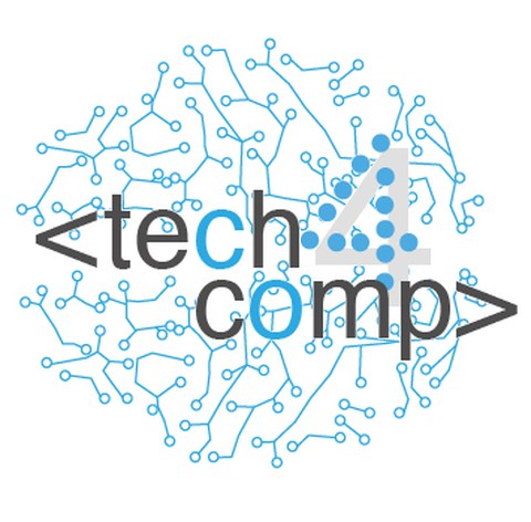 Das Bild zeigt das Logo des Projektes mit den Buchstaben tech4comp und einer Vielzahl von miteinander vernetzten Punkten.