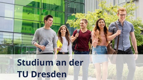 Titelseite der Broschüre inklusive Hintergrundbild von fünf Studenten, die den Andreas-Pfitzmann-Bau verlassen und sich dabei unterhalten. 